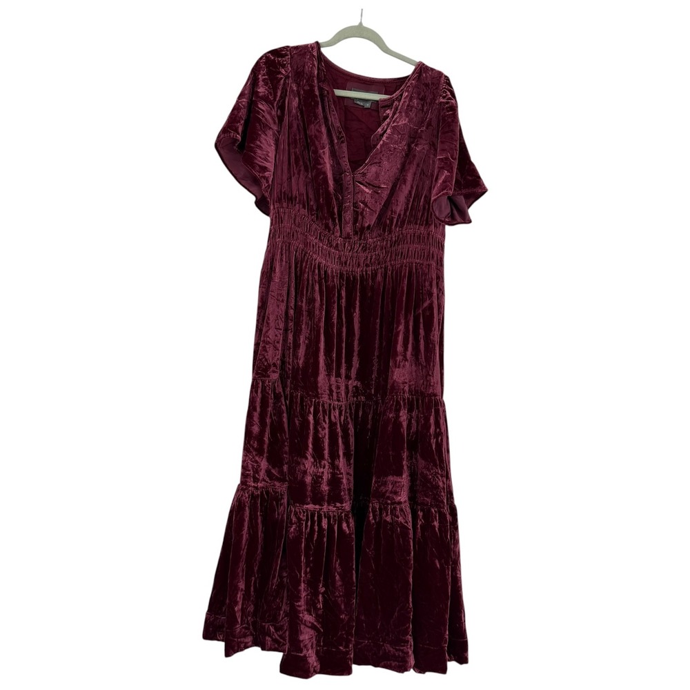 Anthropologie Somerset Velvet Maxi Dress Burgundy Wine Smocked Tiered 1X
